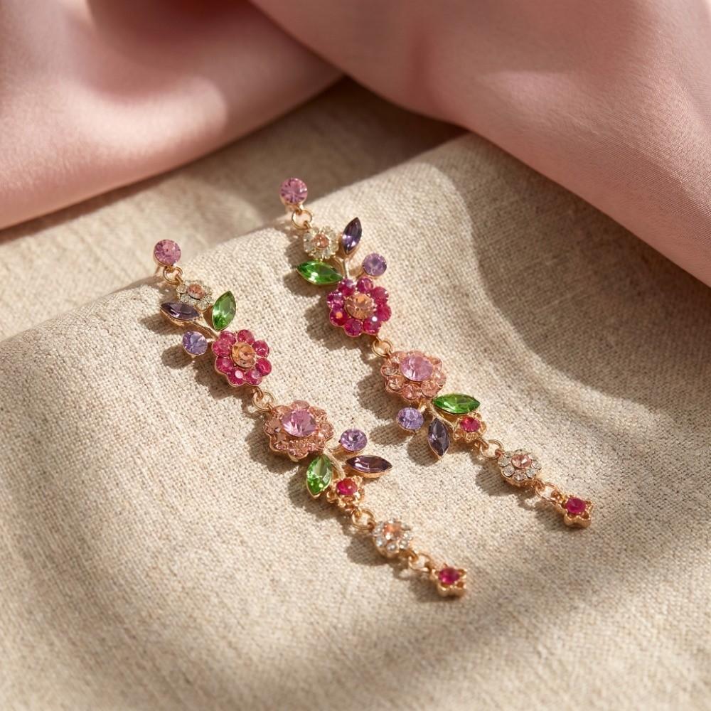 1 Pair Long Flower Drop Earrings Embellished Dangle Earrings  All Seasons Compatible