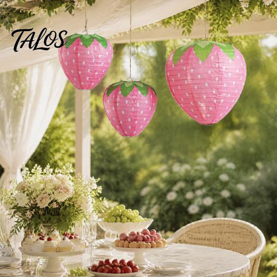Sweet Style Event Supplies Strawberry Paper Lantern, Pink Fruit Shaped Hanging Decor for Birthday Party, Theme Party Favors Collapsible Round
