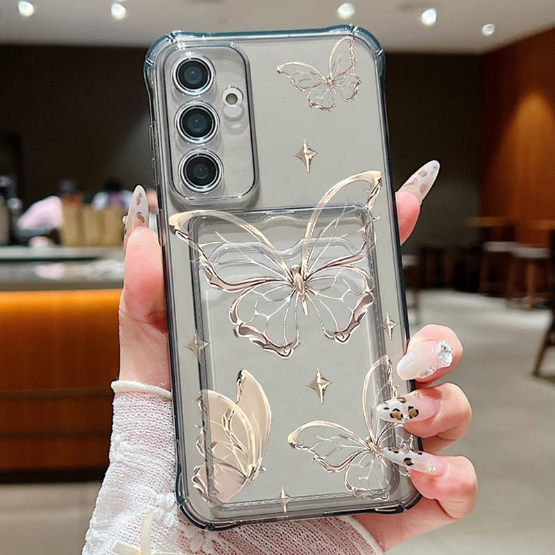 Gold Butterfly Print Card Bag Wallet Case For Samsung Galaxy S25 S24 S22 Ultra S23 S24 FE A56 A55 A35 A15 A16 5G TPU Phone Cover