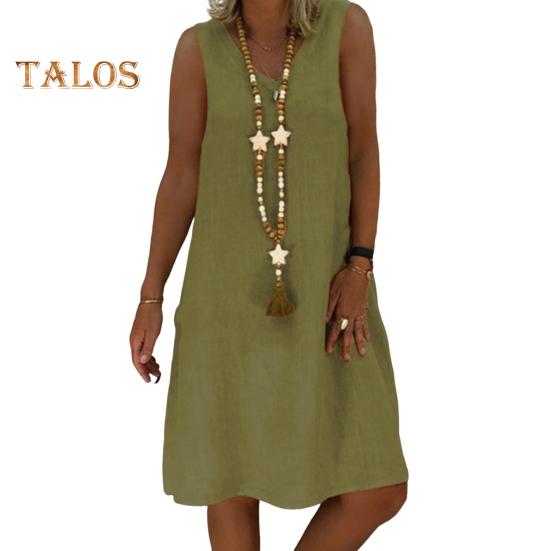 Lady Summer Dress Sleeveless V Neck A-line Solid Color Knee Length Midi Dress Pullover Vest Type Vacation Beach Dress