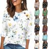 Damen 3/4 Ärmel Rundhals Knopfleiste Blumenmuster Oberteil Weicher Stoff Lässiger Lockerer Sitz T-Shirt für den Alltag