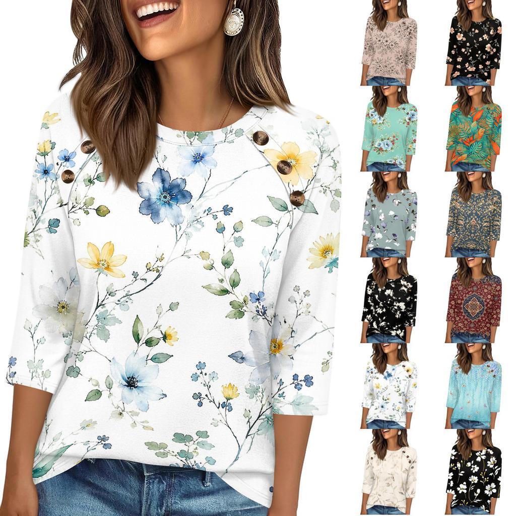 Damen 3/4 Ärmel Rundhals Knopfleiste Blumenmuster Oberteil Weicher Stoff Lässiger Lockerer Sitz T-Shirt für den Alltag