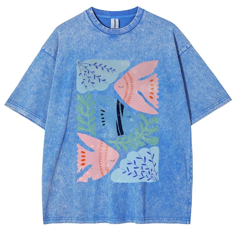 Feng Shui Minimalist Cartoon Printed Men's T-shirt Large Loose T-shirt Casual Retro Washed Short Sleeved T-shirt