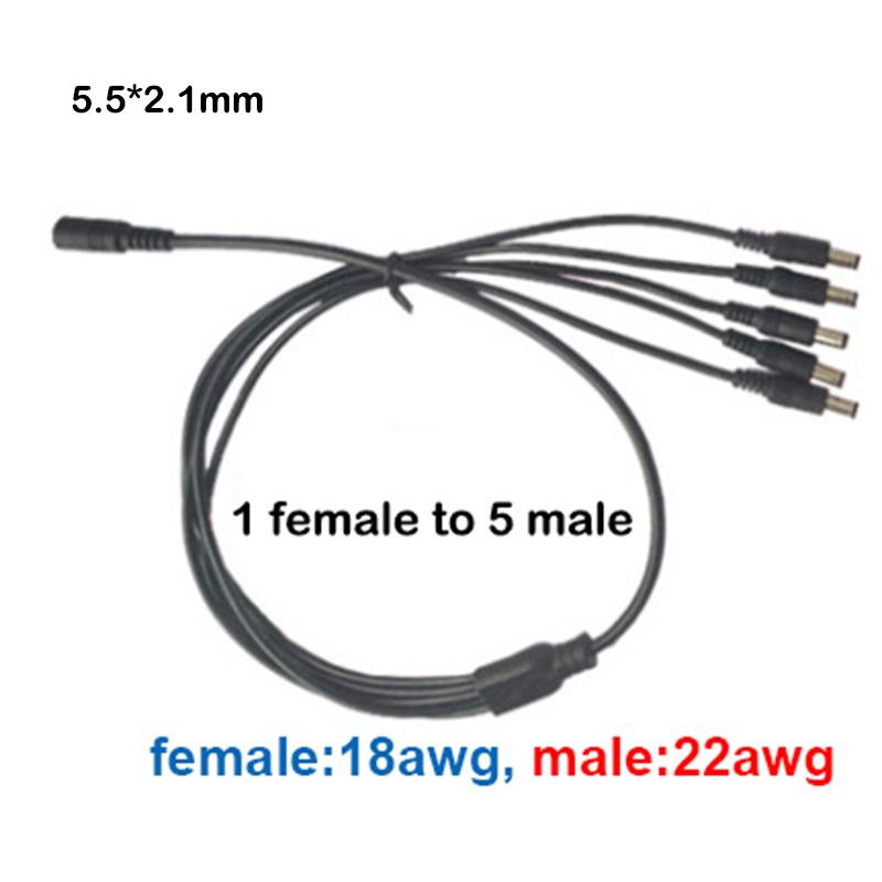 70cm 1 To 5 Way Splitter Cable 5.5*2.1mm Female To Male Main Cable 18awg Branch Cable 22awg 12V DC Power Supply Adapter