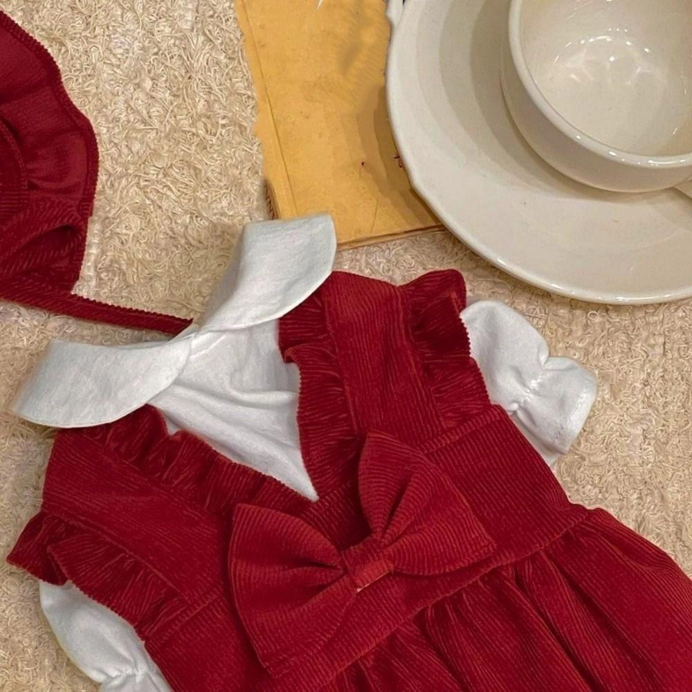 Puppy Gown Pleated Pet Corduroy Skirt Sweet Elegant Bow Dog Skirt Cute New Year Christmas Pet Costume Fall Winter