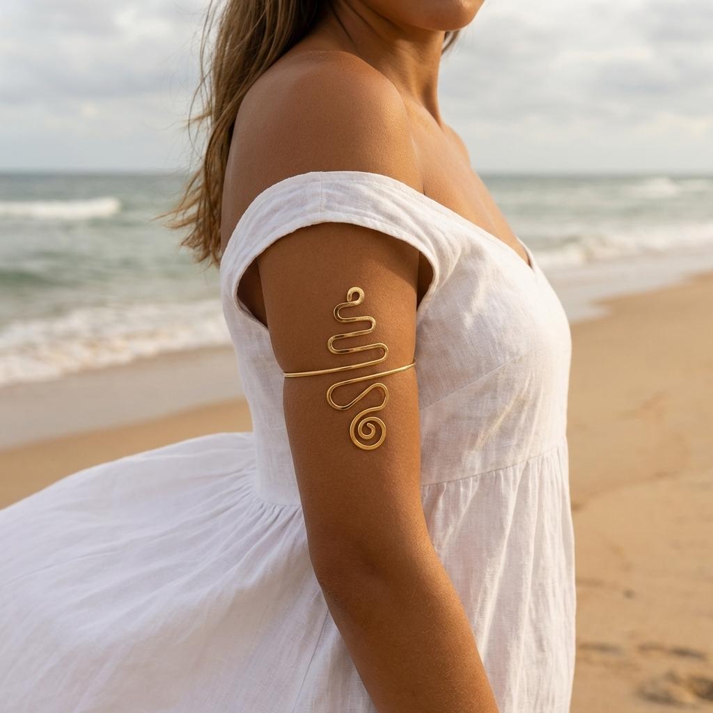 Geometric Spiral Upper Arm Cuff for Women Adjustable Boho Wire Armband Summer Festival Party Statement Body Jewelry