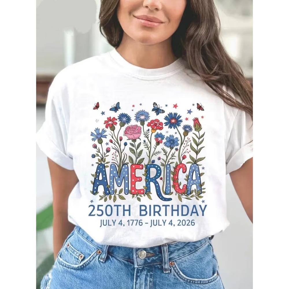 

Women Cotton Short Sleeves T-shirts America Birthday Women s Tee Patriotic Floral Graphic Casual White Top S