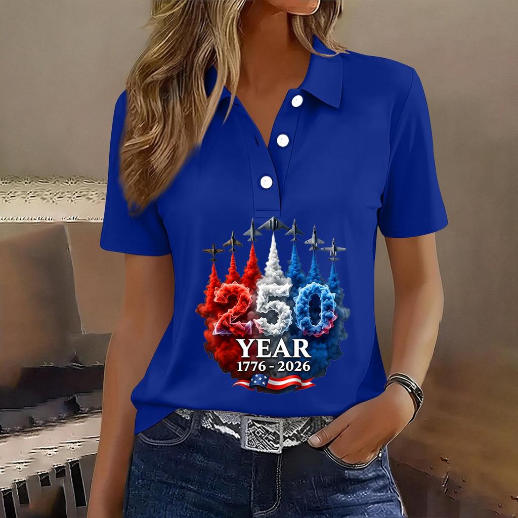 Women's Casual Button Front Short Sleeve Polo Shirt 250th Anniversary Patriotic Print Independence Day T-Shirt Top for Summer