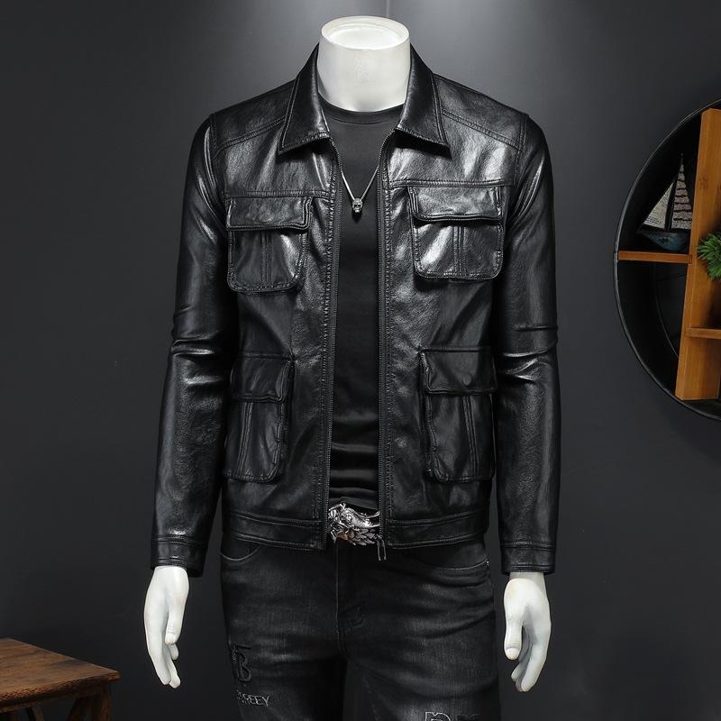 European Station Autumn and Winter New Lapel Leather Jacket Men's Trend Fashion Motorcycle Jacket Handsome Soft Leather Jacket