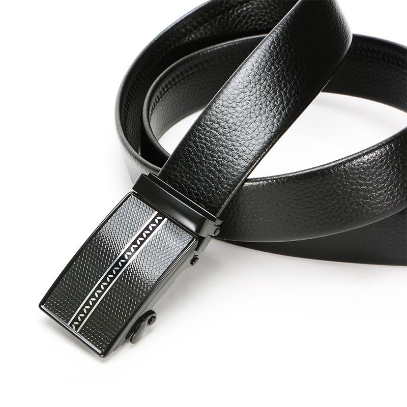 Men'S Automatic Buckle Iron Buckle Hemming Lychee Pattern Black Belt Middle-Aged And Young Business Belt