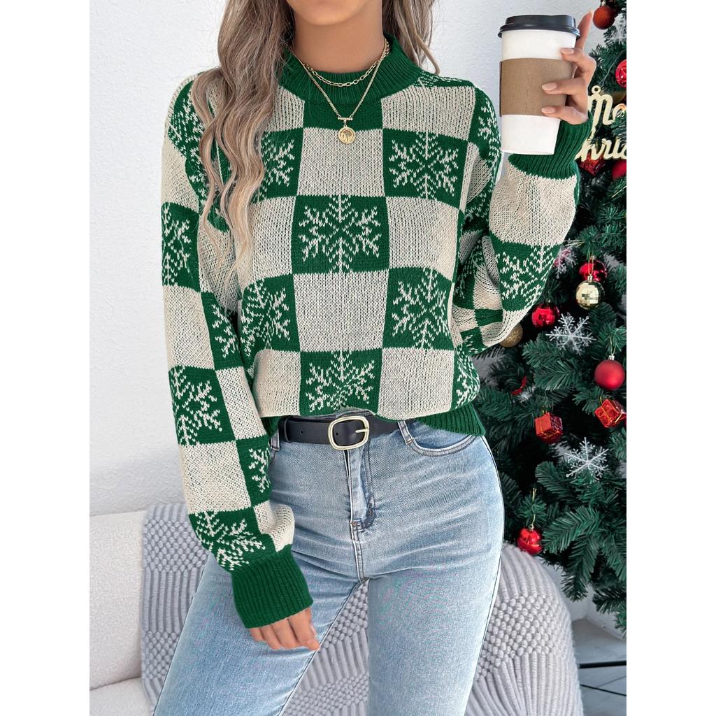 Autumn Winter Snowflake Checkered Knitted Sweaters Lantern Pullover Sweater Women's Christmas Sweater