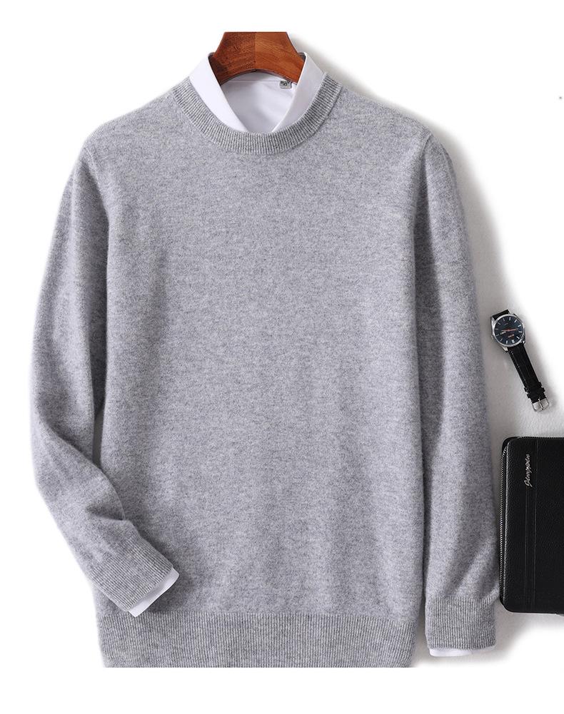 Men's 100% Wool Round Neck Long Sleeve Knit Pullover - Autumn/Winter Solid Color Base Layer