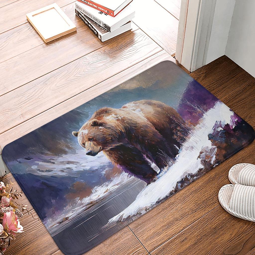 Grizzly Bear Landscape Front Door Mat Anti-Slip Outdoor Quick Dry Forest Spirit Animal Doormat Bedroom Entrance Rug Carpet