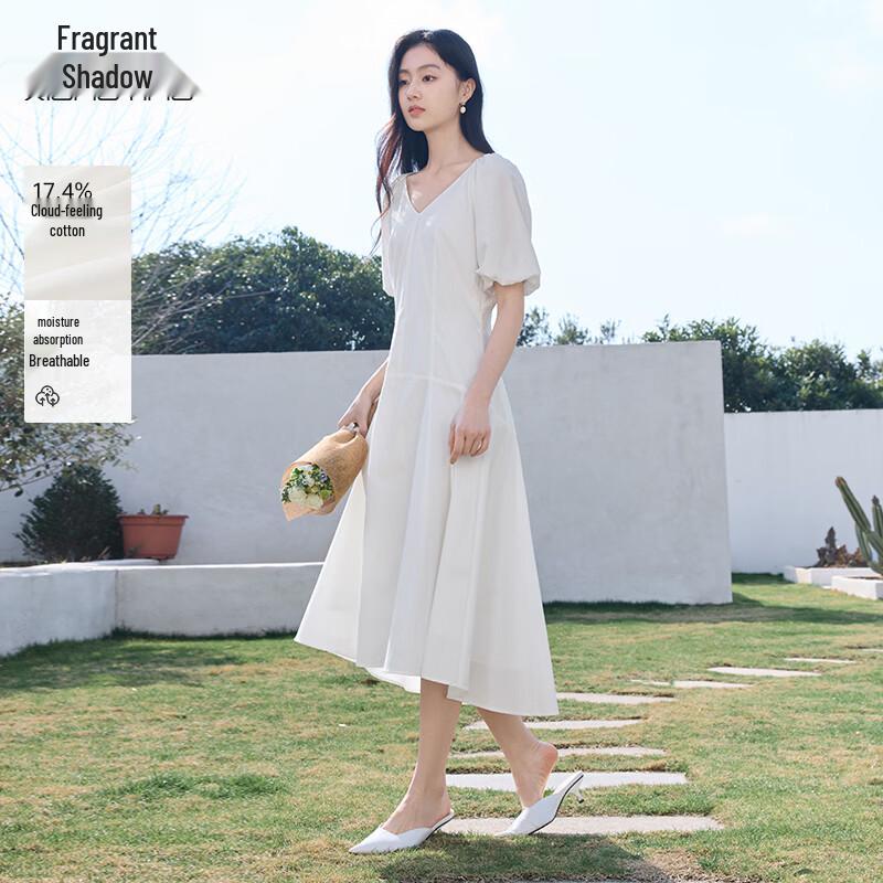 Xiangying Women s V-Neck Puff Sleeve A-Line Dress S