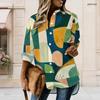 Women Plus Size Geometric Printed Collared Long Sleeve Button Front High Low Curved Hem Shirt