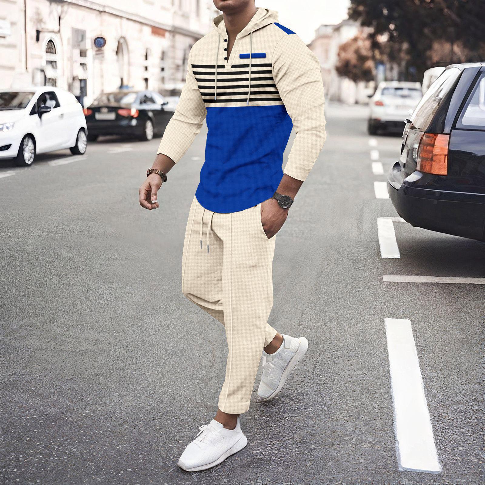 

Men s Casual Long Sleeve Pants Suit Outdoor Sports Hooded Striped Long Sleeve Pants Suit XL хаки