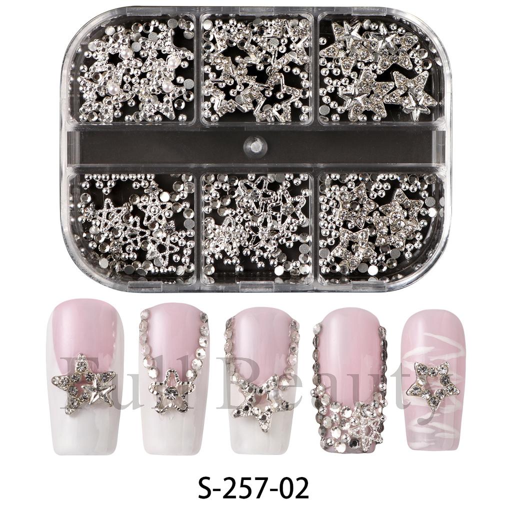 Nail art three-dimensional jewelry 6 grid punk metal star bow mixed with diamond jewelry