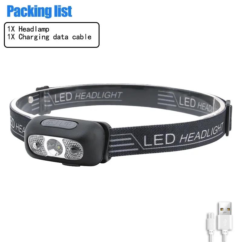 Mini Headlamp USB Rechargeable Head Light with Wave Sensor Flashlight Outdoor Lighting Lamp for Camping Hiking Emergency Usage