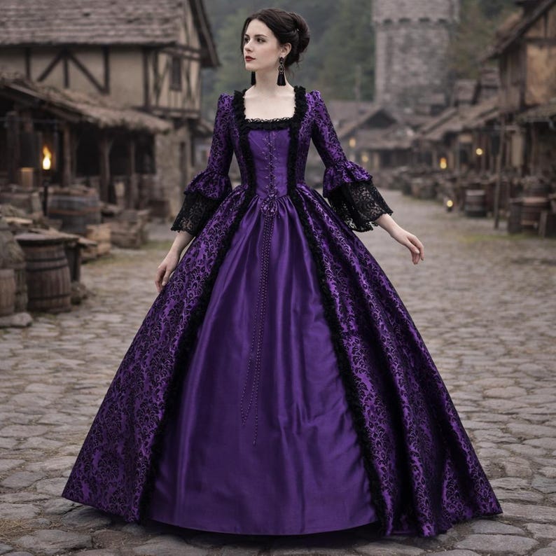Medieval Gothic Maxi Dress for Women Renaissance Lace Square Neck Flare Sleeve Cosplay Gown