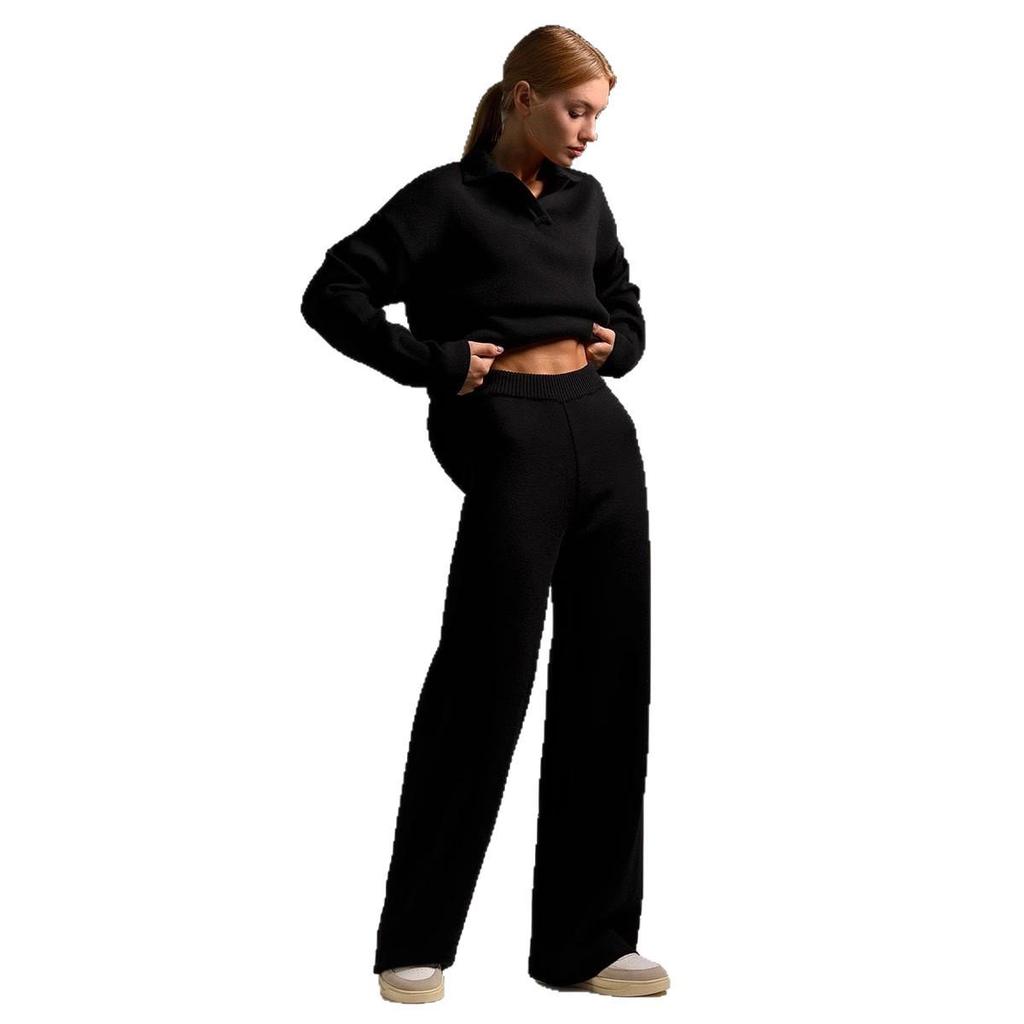 European & American Polo Collar Casual Pullover with Wide-Leg Pants Two-Piece Set for Women - Autumn/Winter 2025 Collection