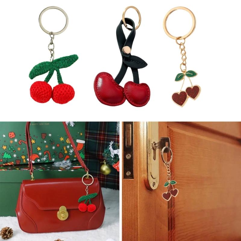 Creative Cherry Keychain Leather Fruit Double Heart Key Chain Pendant Bag Ornament Accessories for Car Key Bag Purse
