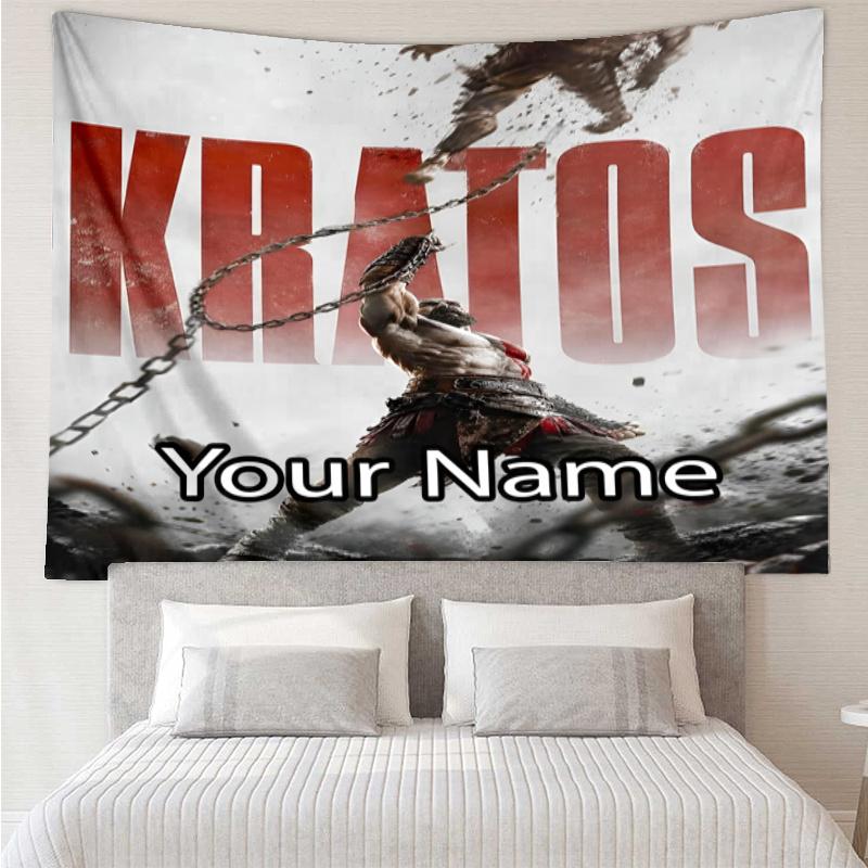 Custom Name God of War Print Tapestry, Backdrop, Easy Setup, Ideal for Bedroom, Office & Living Room, with Aesthetic Wall Hanging Decor.