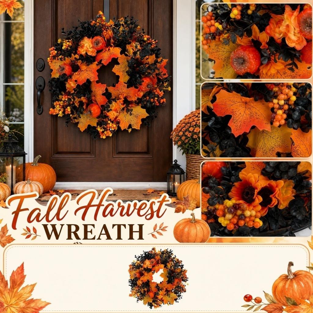 Artificial Fall Wreath 40 cm with Pumpkins, Berries and Maple Leaves for Thanksgiving Front Door Decoration