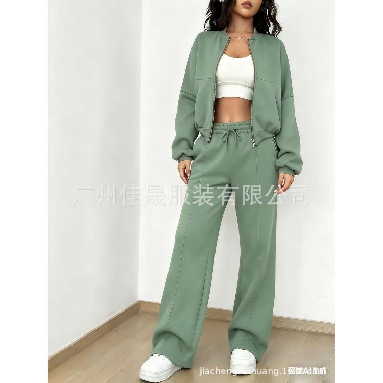 Women Casual Sporty Tracksuit Set Short Sleeve Zip Up Jacket High Waist Wide Leg Pants Loungewear