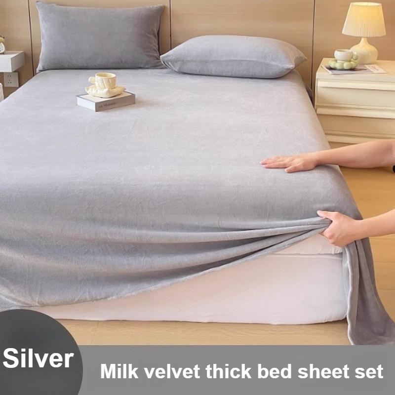 

Winter Warm Thickened Milk Velvet Bedding Set - Premium Soft Solid Color Skin-Friendly Washable 3-Piece Bed Sheet Set Home Decor 120x230cm 2pcs&set серебряный