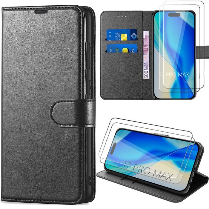 Coque pour iPhone 17 Pro Max - BOOLING - Protection Antichoc Synthécuir Noir - 2 Verres Trempés