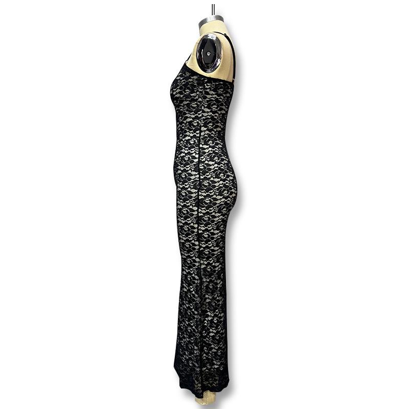 European & American Spaghetti Strap Lace See-through Waist-cinching Backless Maxi Dress