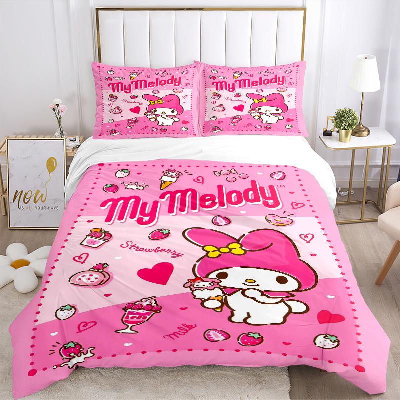 3pcs My Melody Quilt Set Cartoon Themed Bed Quilt Set Lovely Character Bedroom Decor Bed Quilt Set Four Seasons (1 Cover + 2Pillowcase NO Comfort