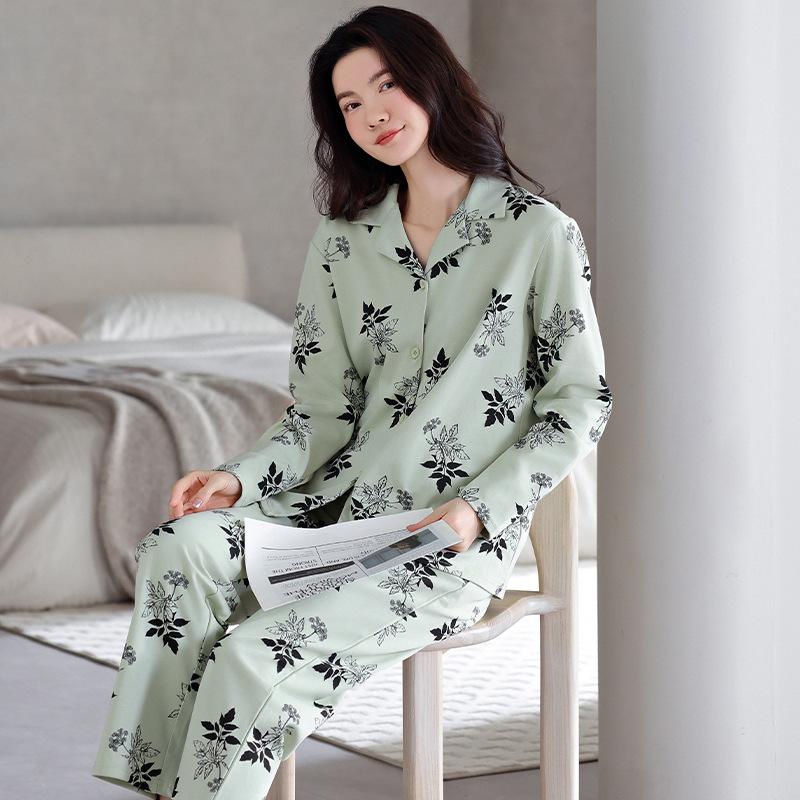 Women's Pure Cotton Long Sleeve Pajama Set - Casual Two-Piece with Simple Print for Home or Outwear