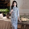 Elegant Blue Chinese-Inspired Modern Cheongsam Dress Women Slim Fit Vintage Style With Stand Collar Side Slit