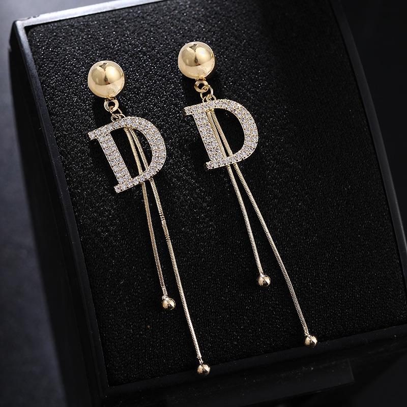 Korean Style S925 Silver Rhinestone Letter D Tassel Earrings - Elegant Long Dangle Celebrity Jewelry