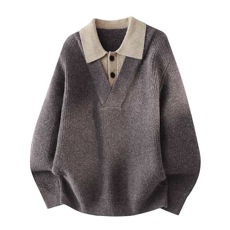 Dongjie No Logo Flus Spring Smoke Color Sweater Men's Fake Two-Piece Long Sleeve Loose Knit Top