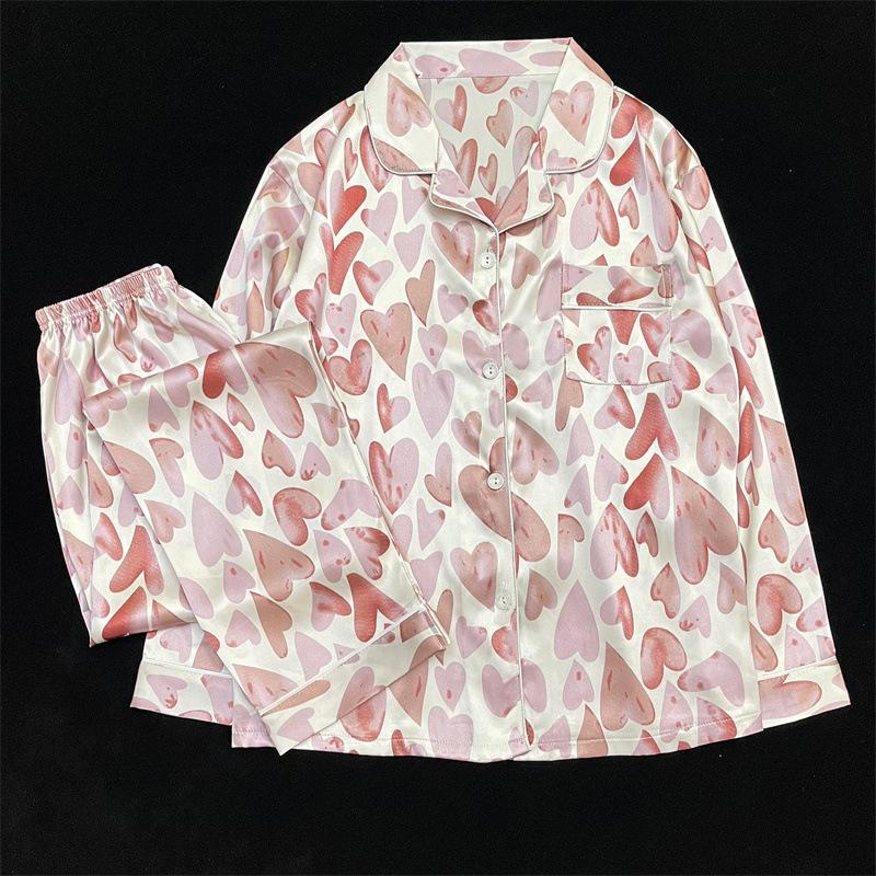 Ice Silk Pajamas Women'S Spring And Summer New Sweet Love Long-Sleeved Simple Wind Loungewear Set Real Shot