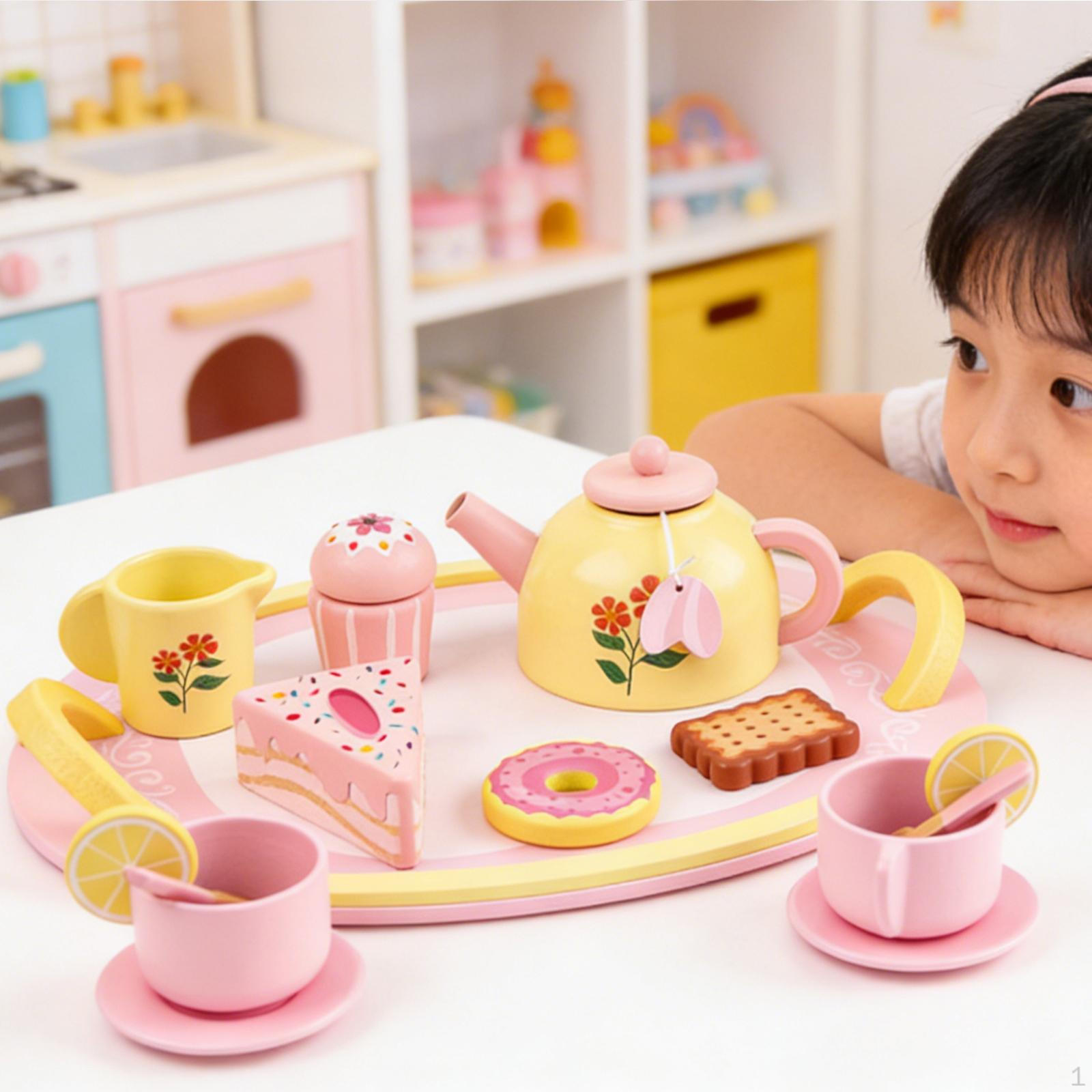 

Wooden Tea Party Set Pretend Play Playset Realistic Cake Dessert Model Afternoon for