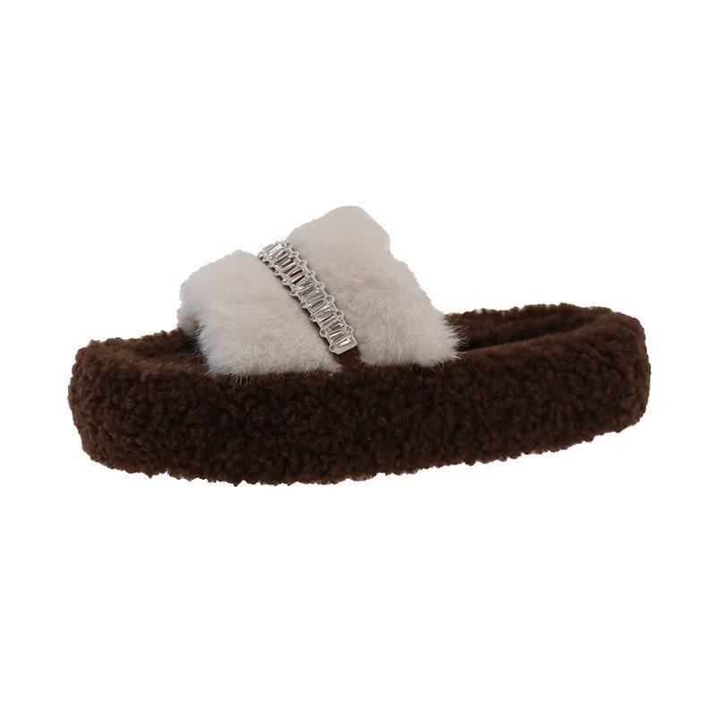 2025 warm and bright new drill fluffy slippers women's fluffy cotton mop autumn and winter wear fluffy shoes thick soles go out