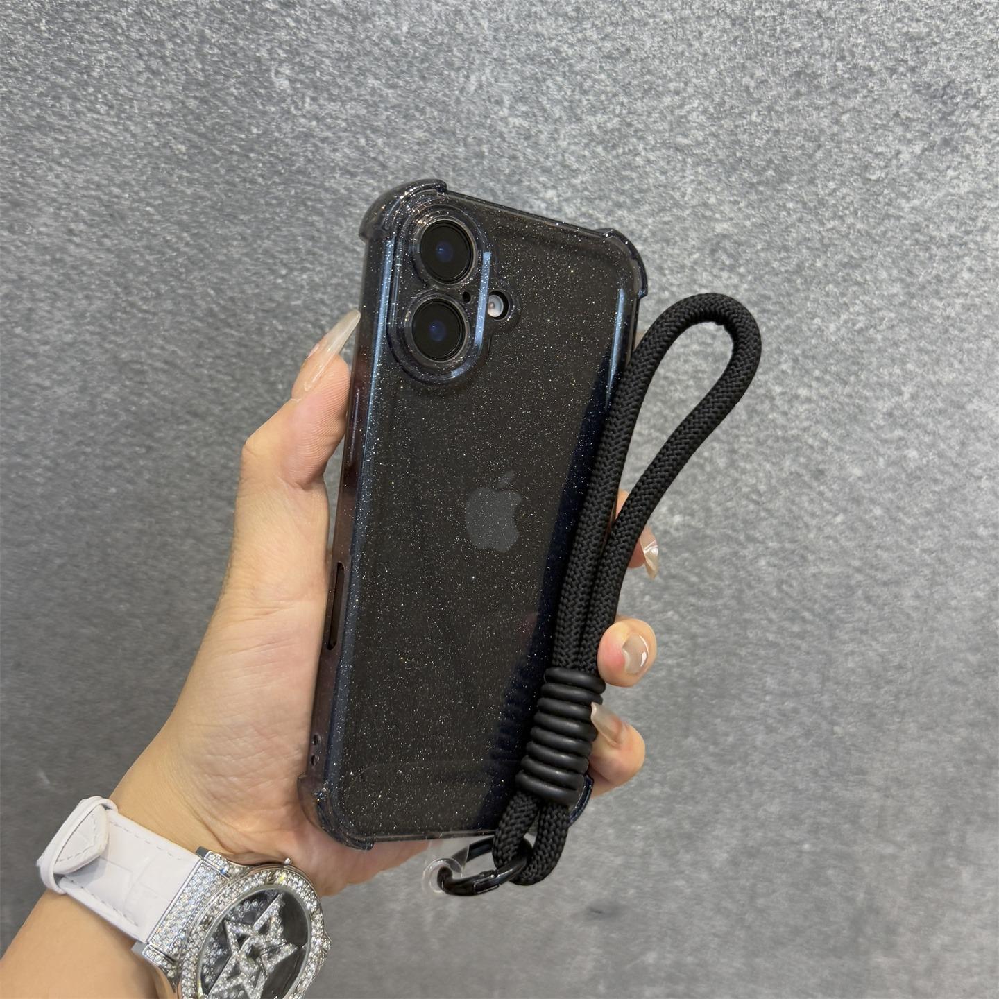 

Soft Transparent With lanyard Phone Case For iPhone 11 12 13 14 15 16 Pro Max Plus 16E Glitter Silicone Shockproof Bumper Cover For iPhone 16 Pro Max чёрный