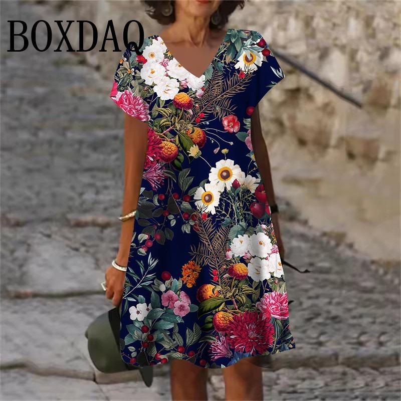 Plant Flowers Pattern Dresses Summer Women Clothing Fashion Plus Size Short Sleeve 3D Print Dress Casual Retro V-Neck Dress