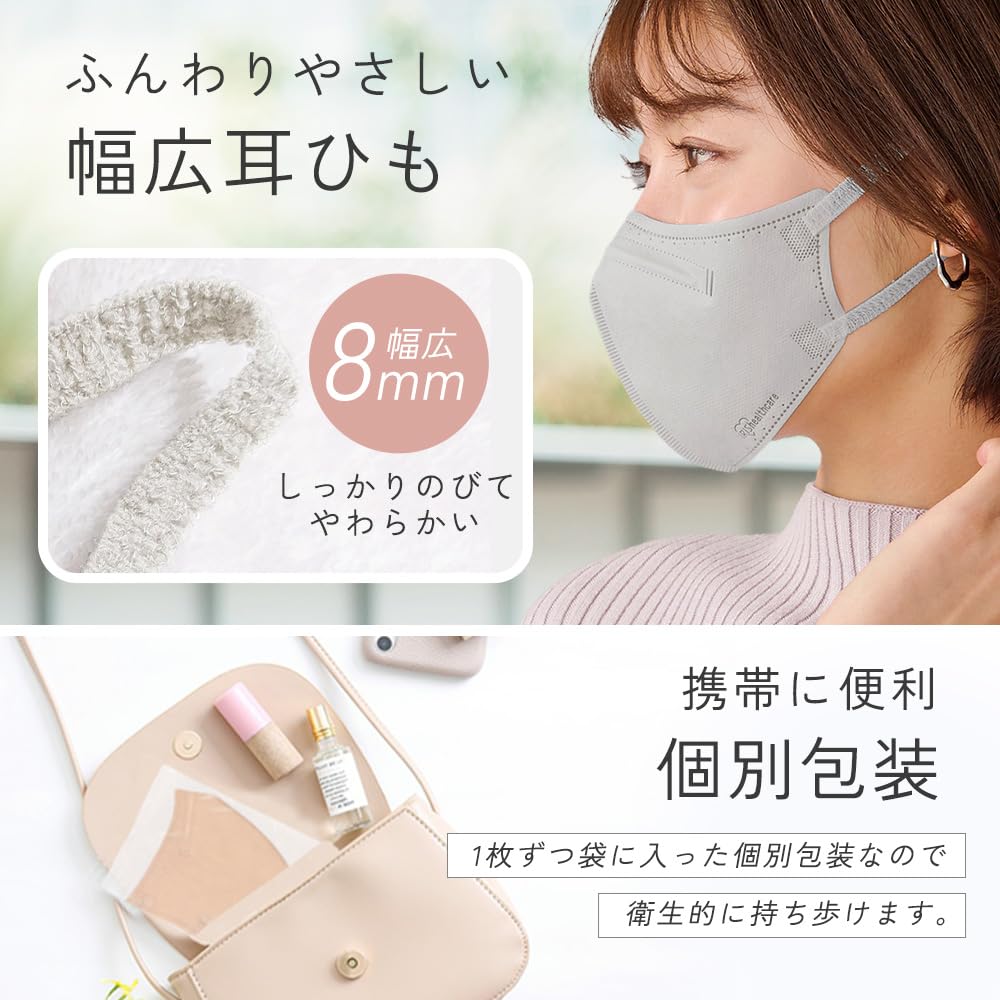 IRIS OHYAMA 3D 30 Regular Individually Fabric Daily No Ear Masks, count, White, Size, Wrapped, Non-Woven Masks, Fit, Pain, RK-F30SW