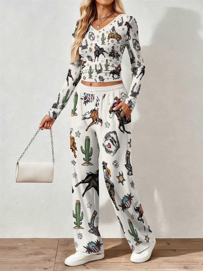 Spring and Autumn Ladies V-Neck Long Sleeve Pants Set Comfortable Casual Versatile Slim Two-piece Set