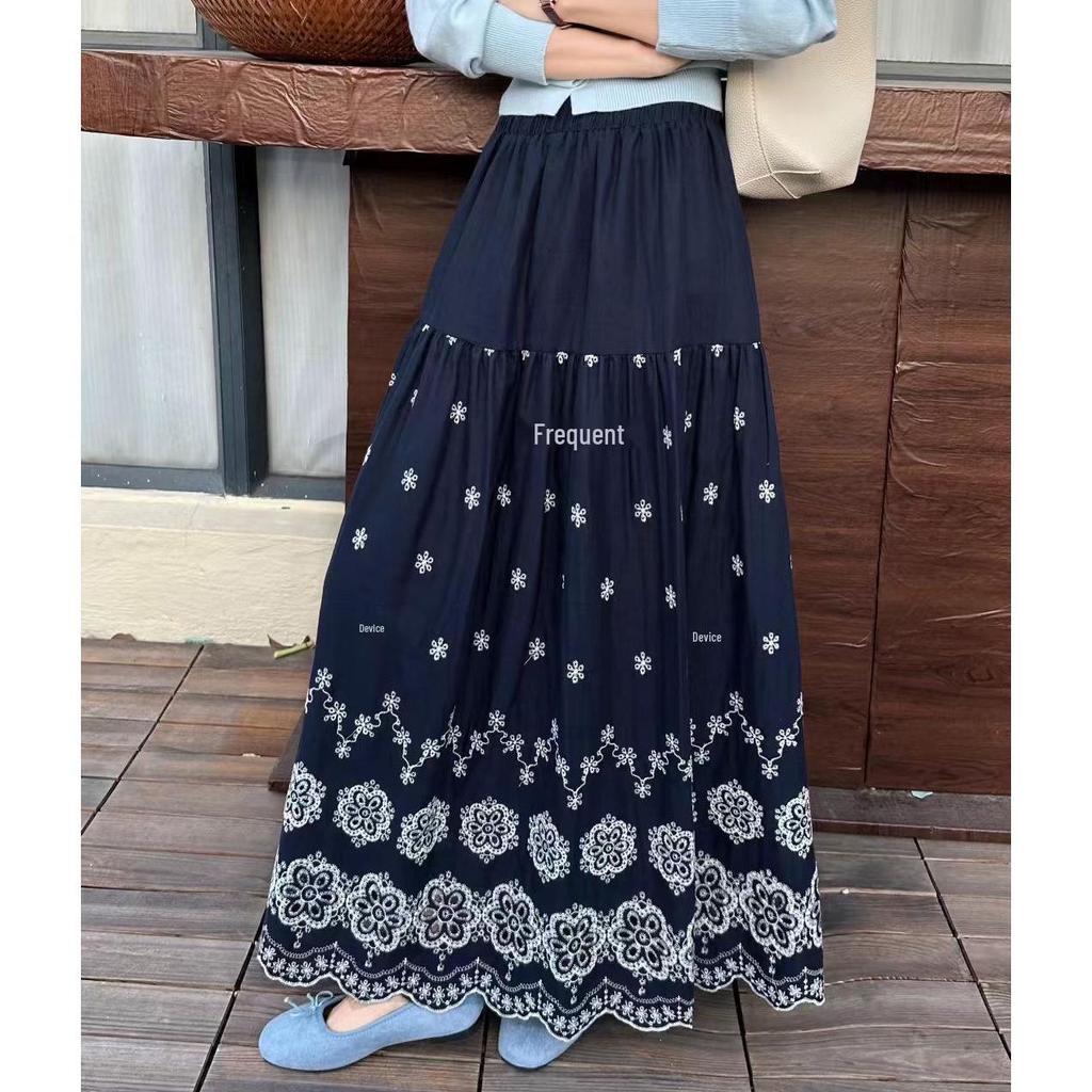 Fei Yuan Women's Ethnic Embroidered A-line Skirt: Autumn/Winter Fashion with Hollow Design