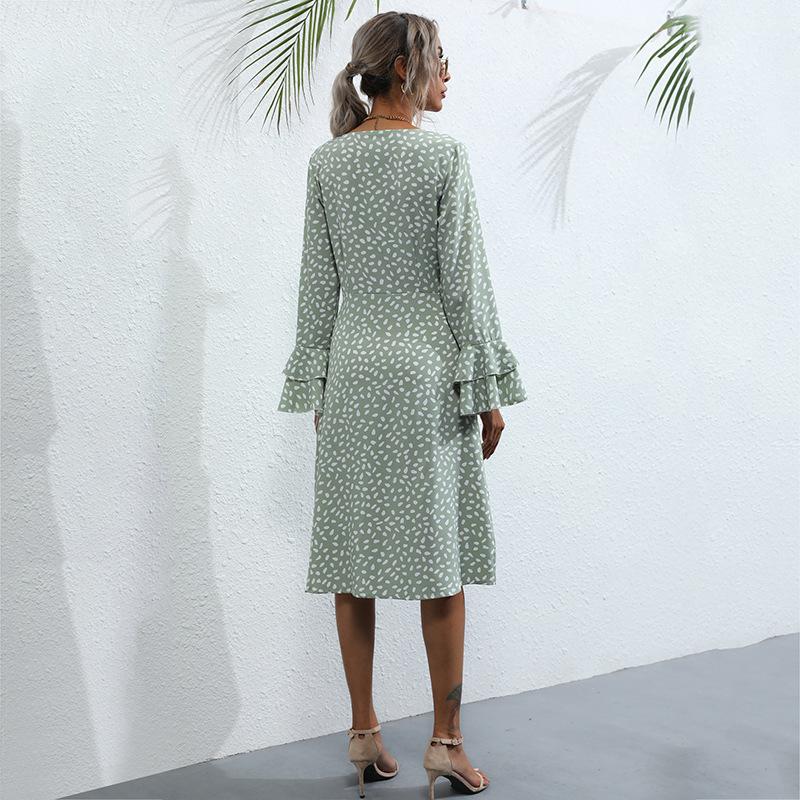 Tempérament et Élégance Vêtements d'Extérieur Robe Noire Trapèze Mince Imprimée Fendue Manches Longues Robes Françaises
