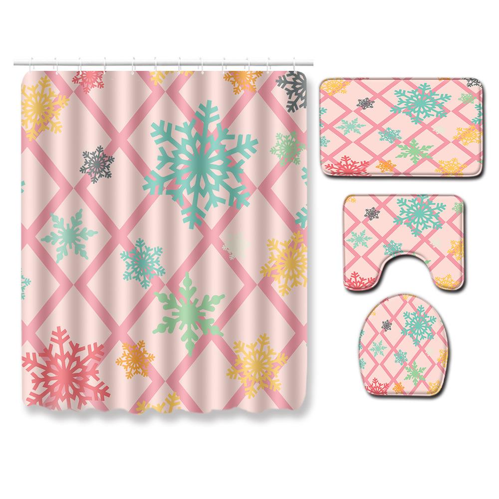Christmas Shower Curtain Floor Mat Combination Four-Piece Set Bathroom Toilet Carpet Shower Room Mat Foot Mat
