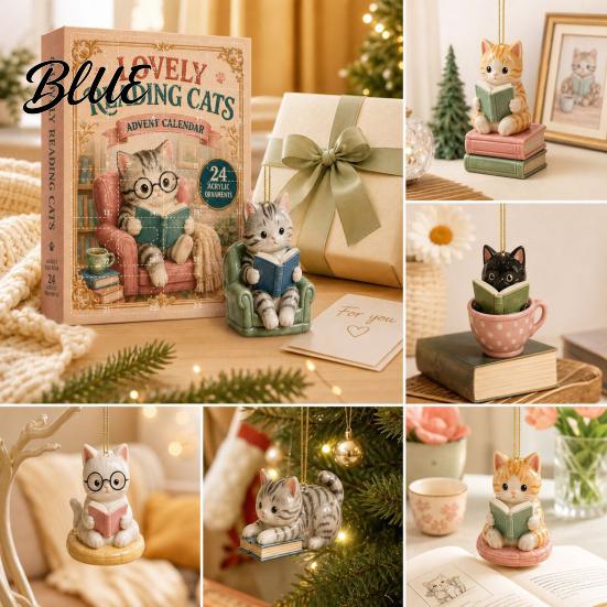 Unique Christmas Box Reading Cat Advent Calendar 2026, Cute Kitten Acrylic Ornaments 24 Days Countdown Holiday Ornament Set Calendar, Pcs Cartoon