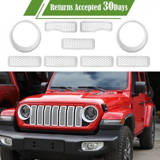 For Jeep Wrangler JL 24+ 9Pc Front Mesh Grille Grill Ert Headlight Trim Cover