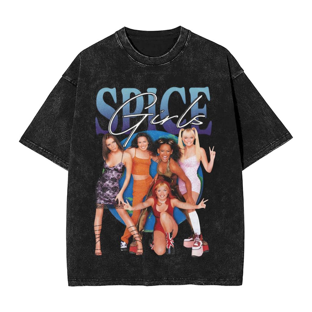 Spice Girls Pop Group Tour T Shirts Hip Hop Washed Short Sleeve Street TShirts Novelty for Unisex Women Streetwear Summer Tees