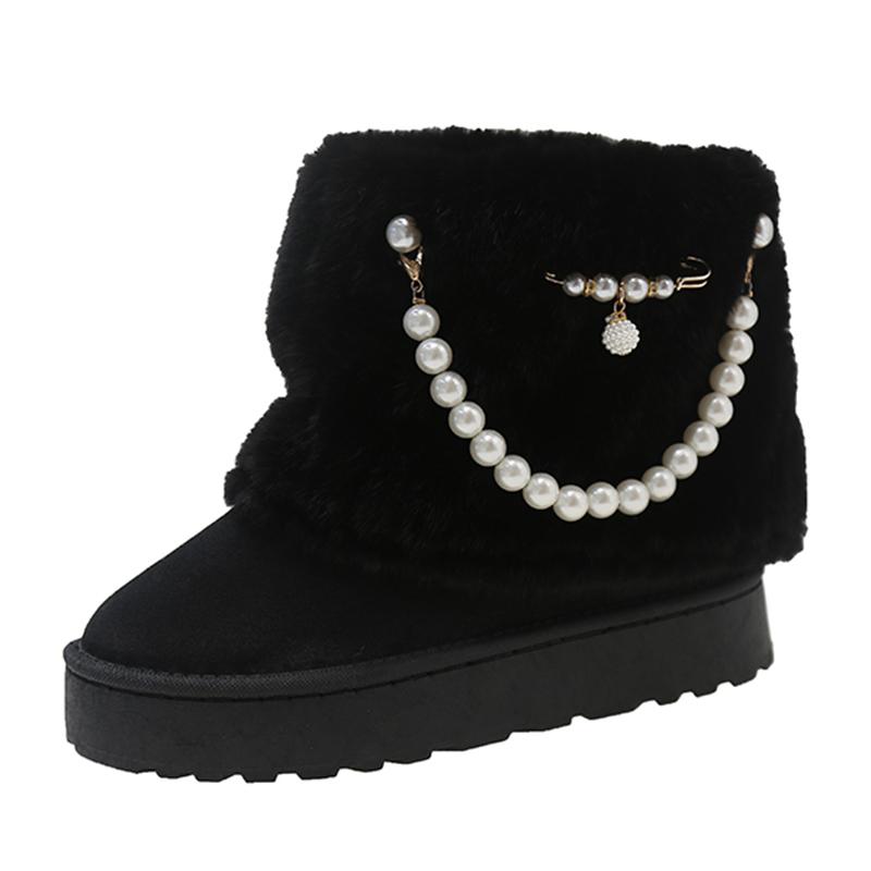fashion Pearl Chain Decor Warm Snow Boots for Women Winter 2024 Fluffy Plush Platform Ankle Boots Woman Thick Sole Cotton Padded Shoes